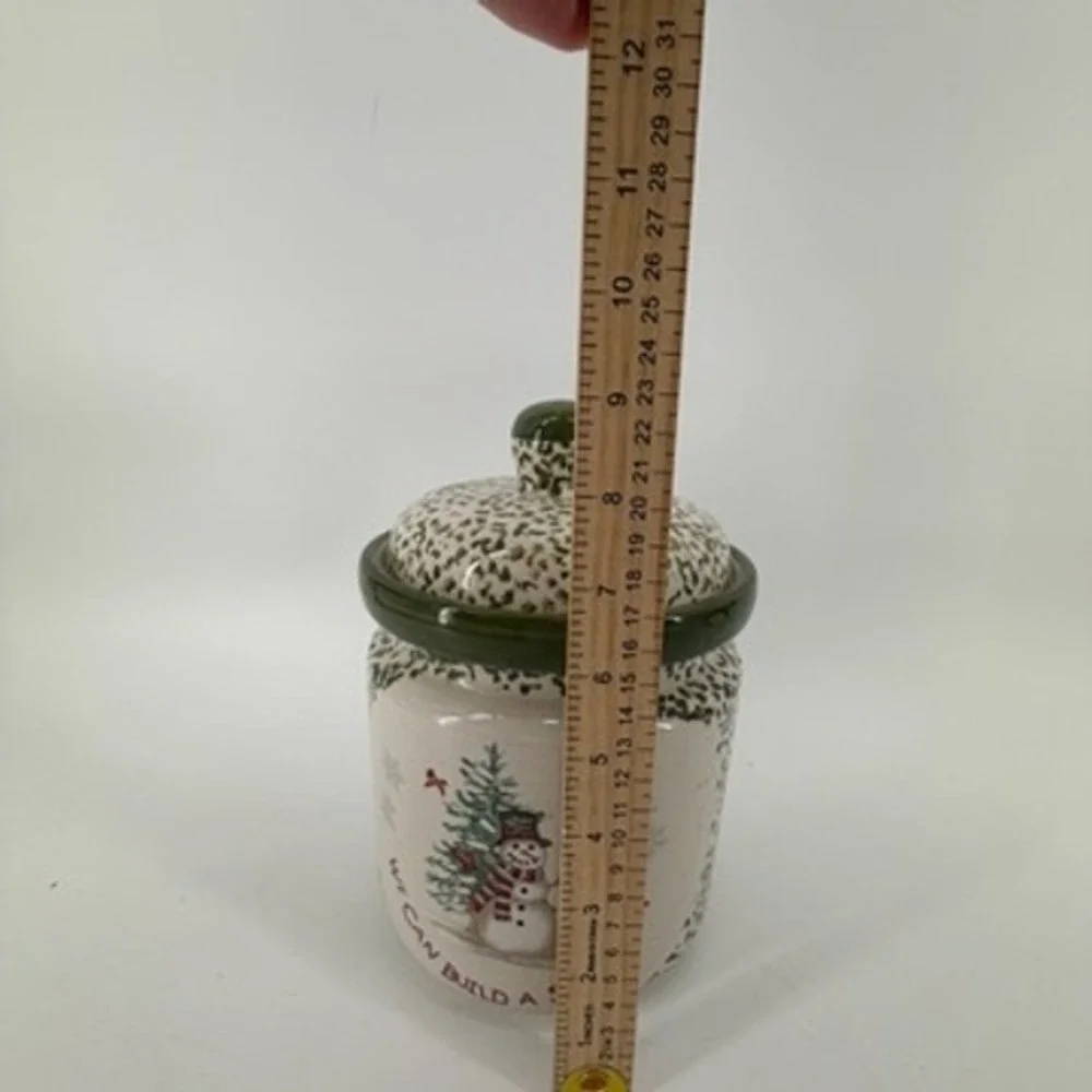 Stoneware Snowman Christmas Cookie Jar Green Spongeware Holiday Canister 7.5in